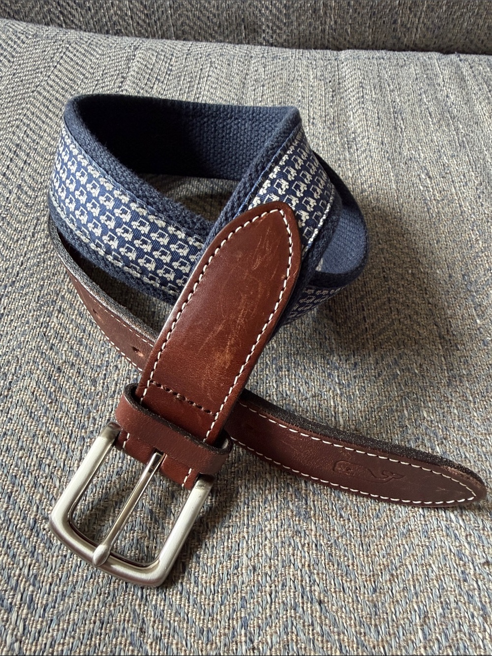 Vineyard Vines Men’s Blue/White Car 🚙 Canvas/Leather Belt Size: 32